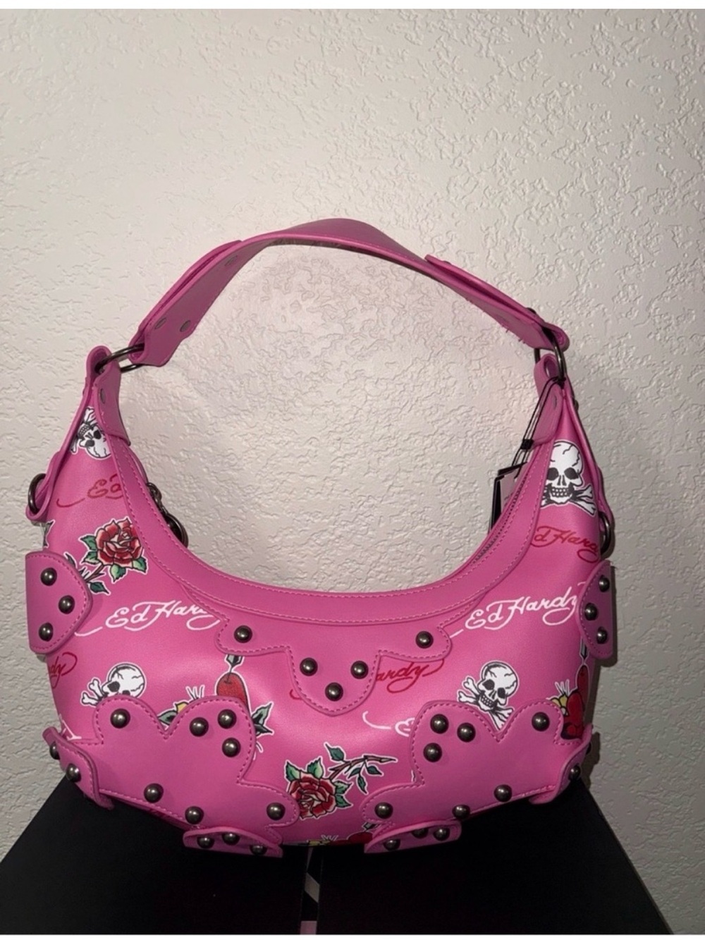 Ed Hardy Hot Pink Studded Shoulder Bag with Skull & Rose Print